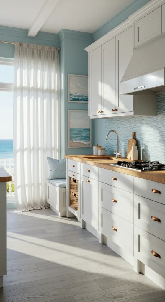 Coastal kitchen with white cabinets and soft blue tones
