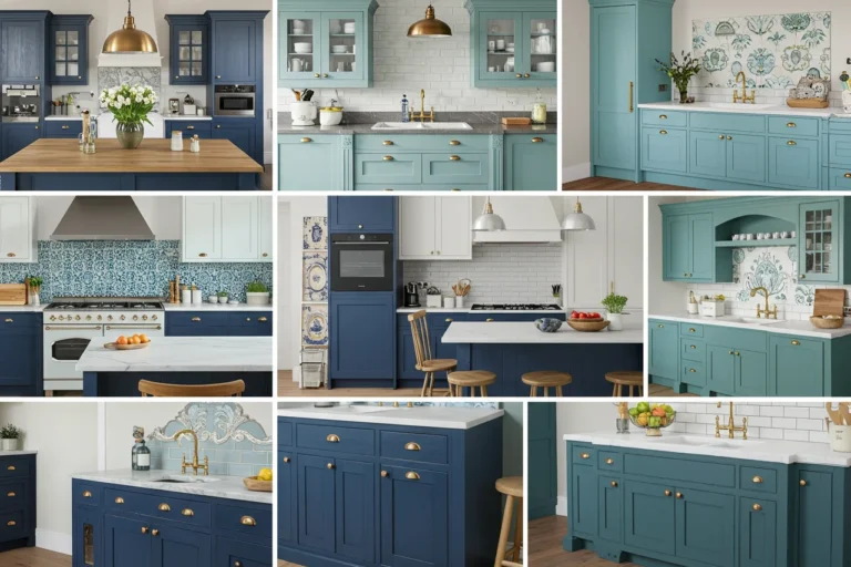 Collage of 7 blue kitchen cabinet styles from modern to vintage