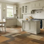 Collage of 7 classic kitchen flooring styles in a bright, elegant kitchen