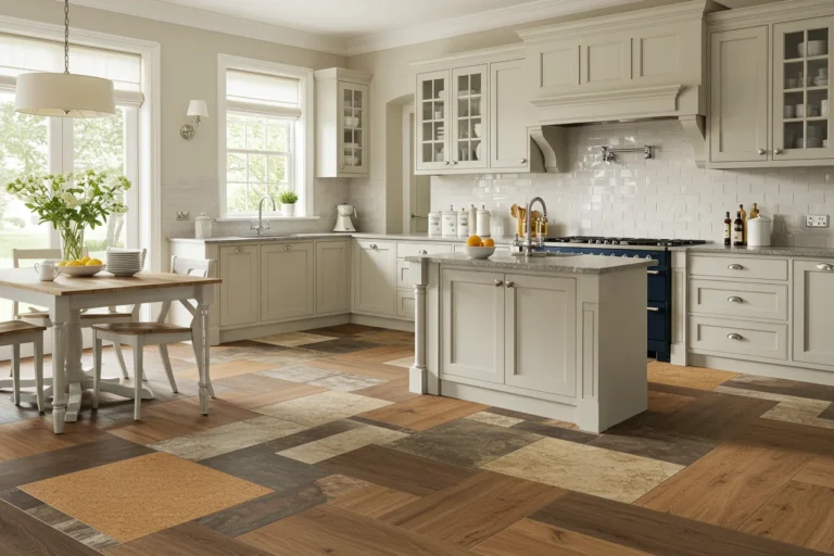 Collage of 7 classic kitchen flooring styles in a bright, elegant kitchen