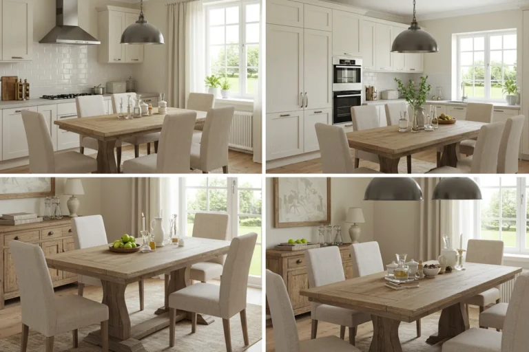 Collage of 7 kitchen table styles in modern kitchen settings