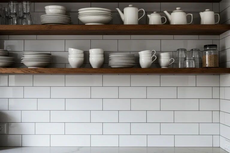 Collage showing 6 styles of kitchen wall tiles in one kitchen.
