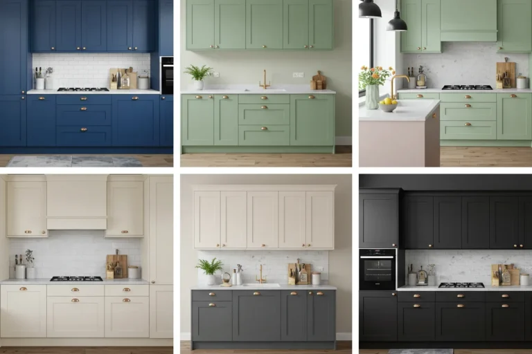 Collage showing six kitchen cabinet color trends in one image