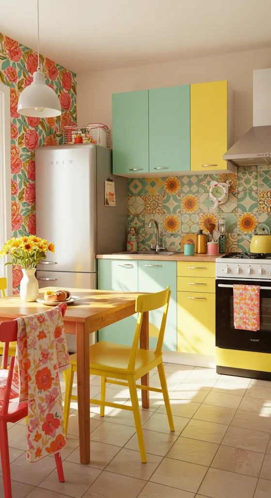 7 Small Kitchen Decor Ideas That Don’t Skip On Style Colorful backsplash and patterned textiles in a small kitchen