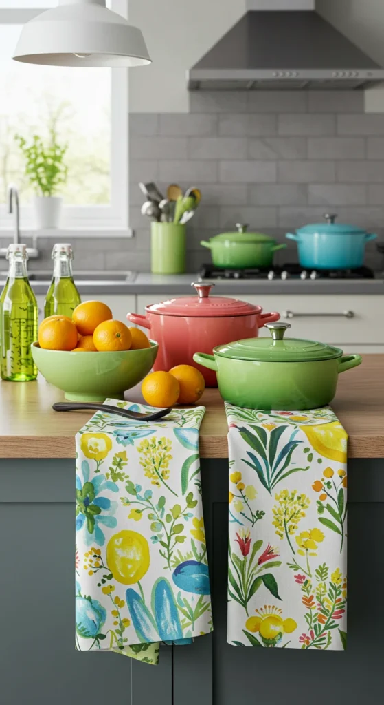 6 Spring Kitchen Island Decor Ideas to Refresh Your Space Colorful cookware and fruit bowl on a spring kitchen island