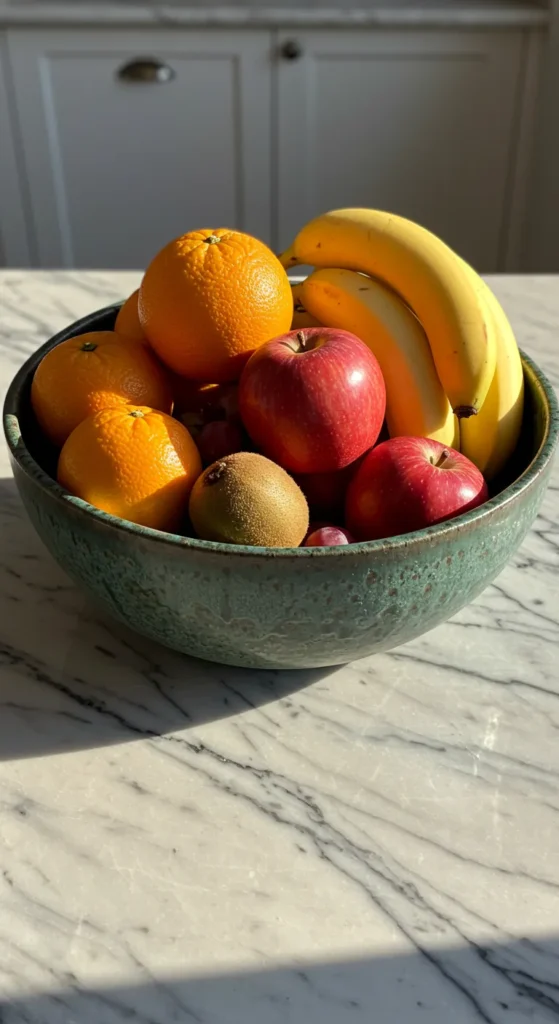 9 Kitchen Counter Decor Ideas That Blend Style & Function Colorful fruit bowl centerpiece on kitchen counter
