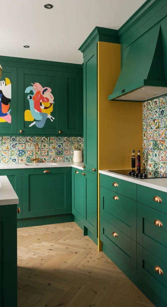 10 Stylish Kitchen Decor Ideas for New Homes Colorful kitchen with bold cabinets and patterned tiles