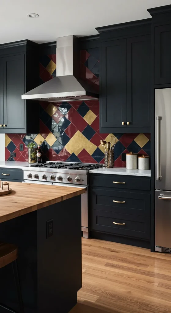 7 Trendy Kitchen Tile Ideas for a Stylish Update Colorful kitchen with bold patterned tile backsplash and dark cabinets