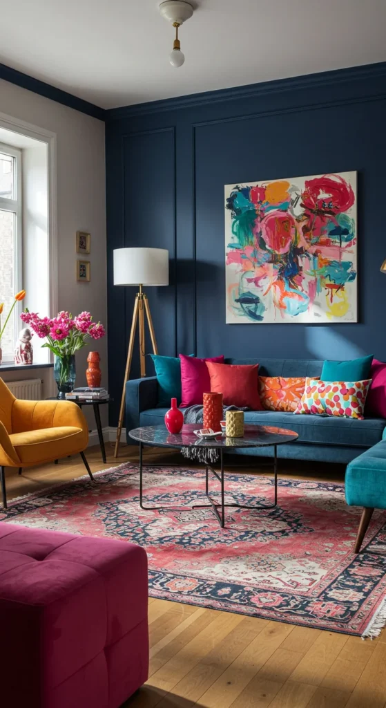 7 Living Room Decor Trends to Try Now Colorful living room with bold patterns and vibrant accents