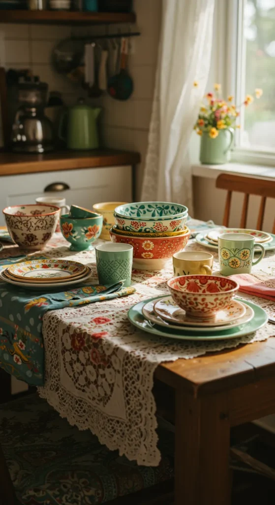 9 Beautiful Boho Kitchen Ideas You Need To Try Colorful, mismatched dinnerware on boho kitchen table