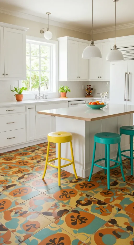 6 Vintage Kitchen Trends That Are Back in Style Colorful vintage tile flooring in a bright kitchen