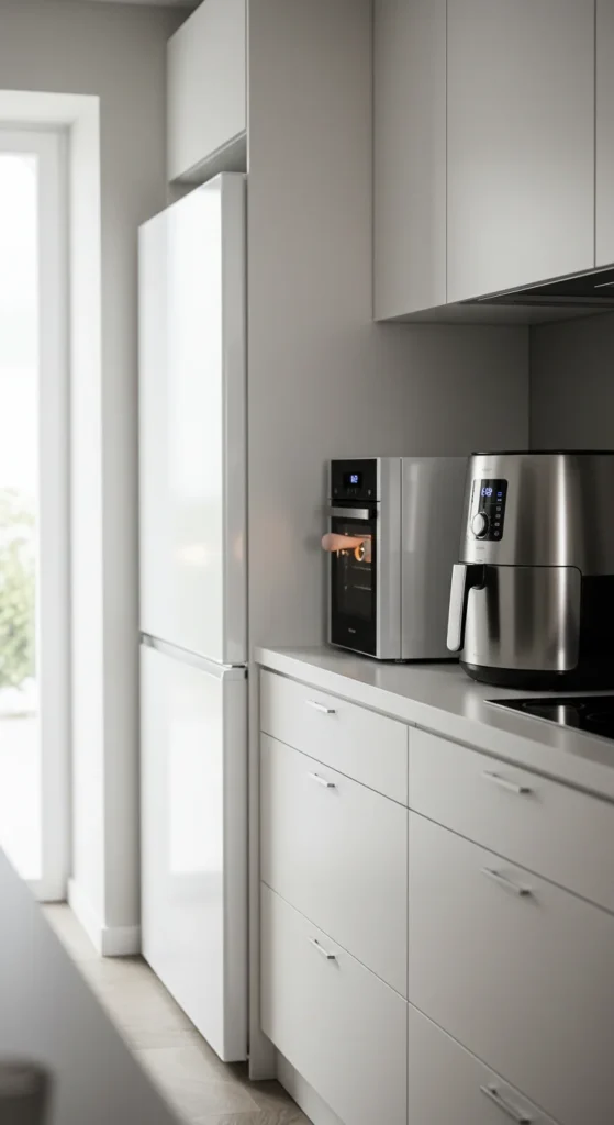 6 Tiny Kitchen Ideas Perfect for Small Minimalist Spaces Compact appliances arranged neatly in a small modern kitchen