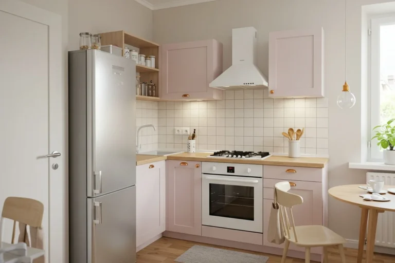 Compact kitchen with open shelves, soft colors, and modern design