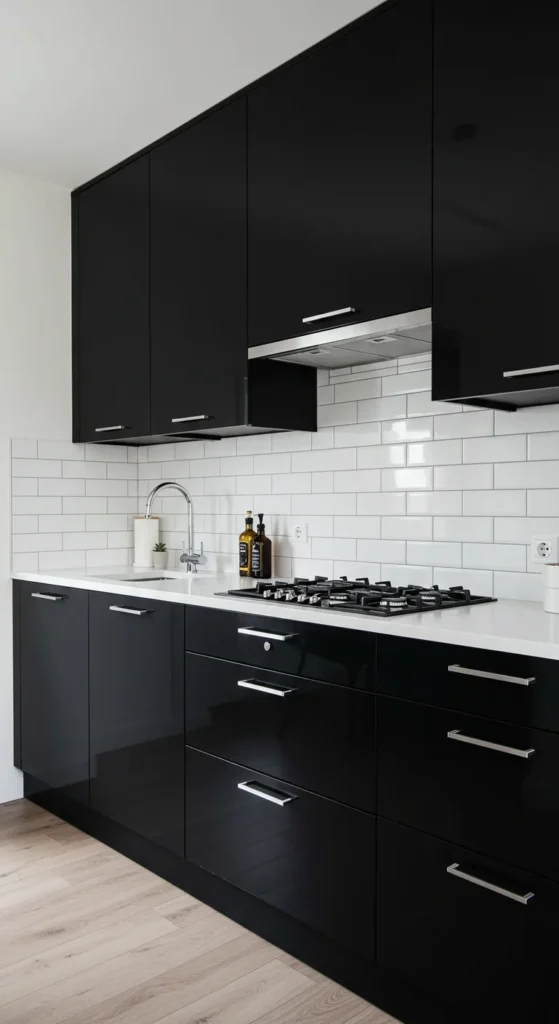 7 Bold Black Kitchen Cabinets to Elevate Your Space Contemporary kitchen with glossy black cabinets and smart features