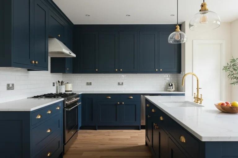 Contemporary kitchen with navy blue cabinets and gold hardware