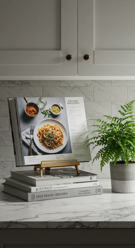 9 Kitchen Counter Decor Ideas That Blend Style & Function Cookbooks and stand styled on kitchen counter