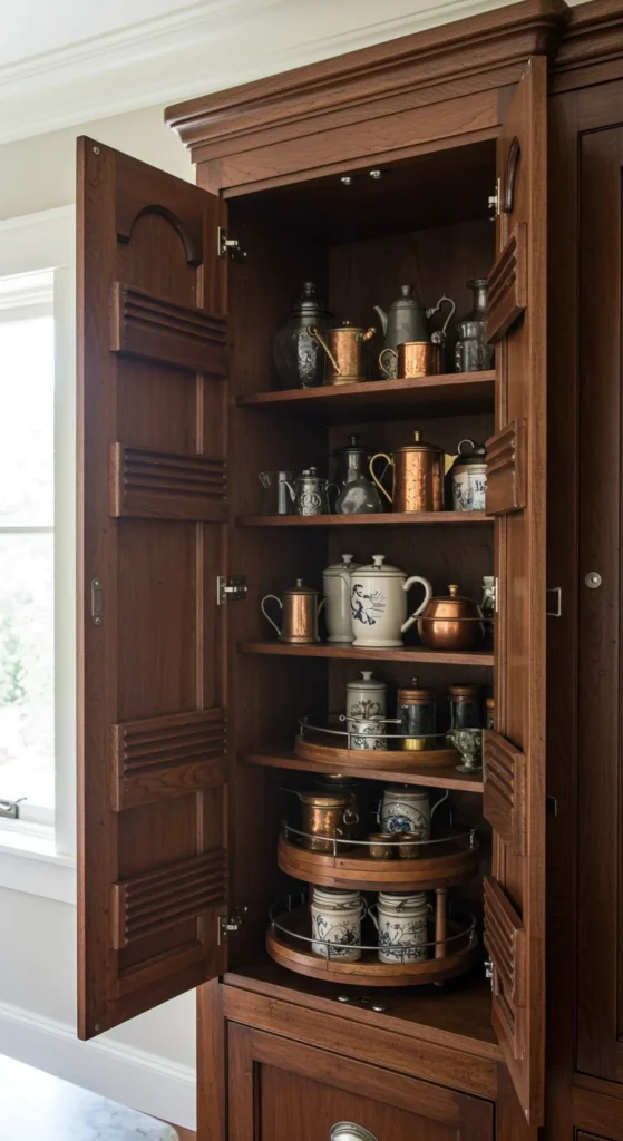 10 Kitchen Pantry Designs for a Clutter-Free Kitchen Corner pantry cabinet with tiered shelves for storage
