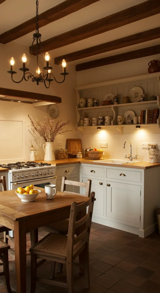 6 Cozy Country Kitchen Tips for a Rustic Makeover Country kitchen with layered rustic lighting