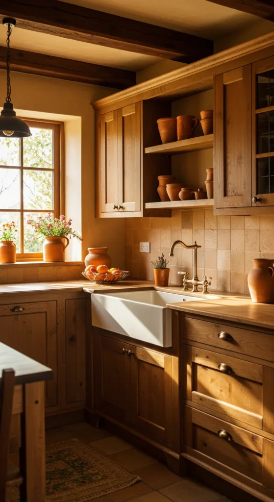 6 Cozy Country Kitchen Tips for a Rustic Makeover Country kitchen with wood cabinets and stone backsplash