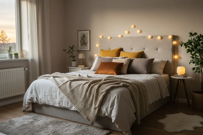 Cozy bedroom with layered textures and warm lighting at sunset