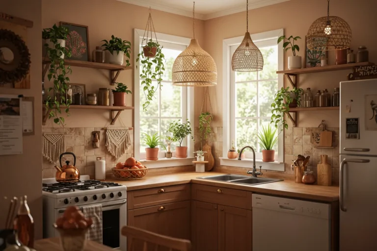 Cozy boho kitchen with earthy tones, plants, and vintage charm