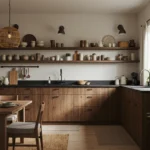 Cozy earthy kitchen with wood, plants, ceramics, and rattan lights