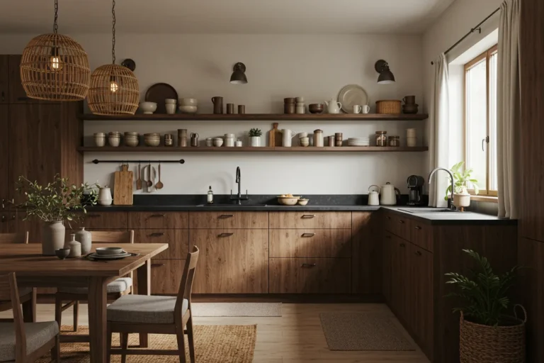 Cozy earthy kitchen with wood, plants, ceramics, and rattan lights