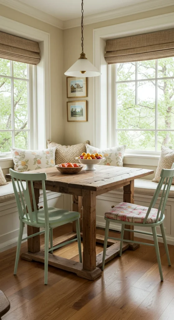 6 Cozy Country Kitchen Tips for a Rustic Makeover Cozy kitchen nook with wooden table and window seat