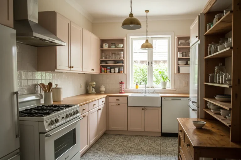 Cozy kitchen with vintage appliances, open shelves, and patterned floor