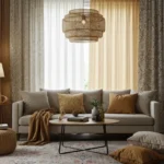 Cozy living room with a mix of curtain styles and warm decor