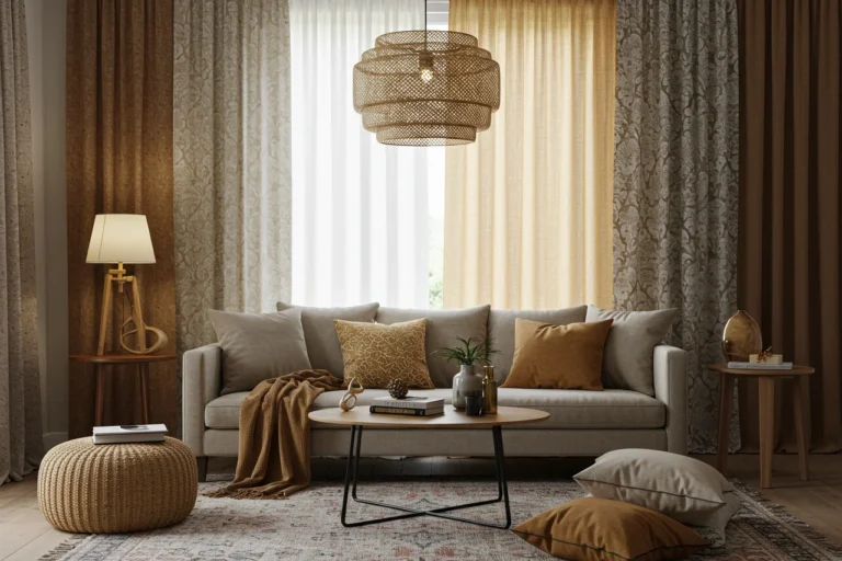 Cozy living room with a mix of curtain styles and warm decor