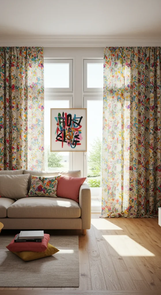7 Cozy Living Room Curtain Ideas to Elevate Your Space Cozy living room with floral patterned curtains and colorful accents