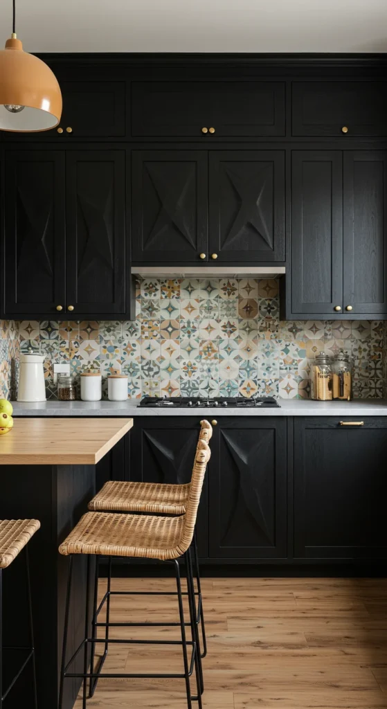 7 Bold Black Kitchen Cabinets to Elevate Your Space Creative black kitchen with bold patterns and mixed textures