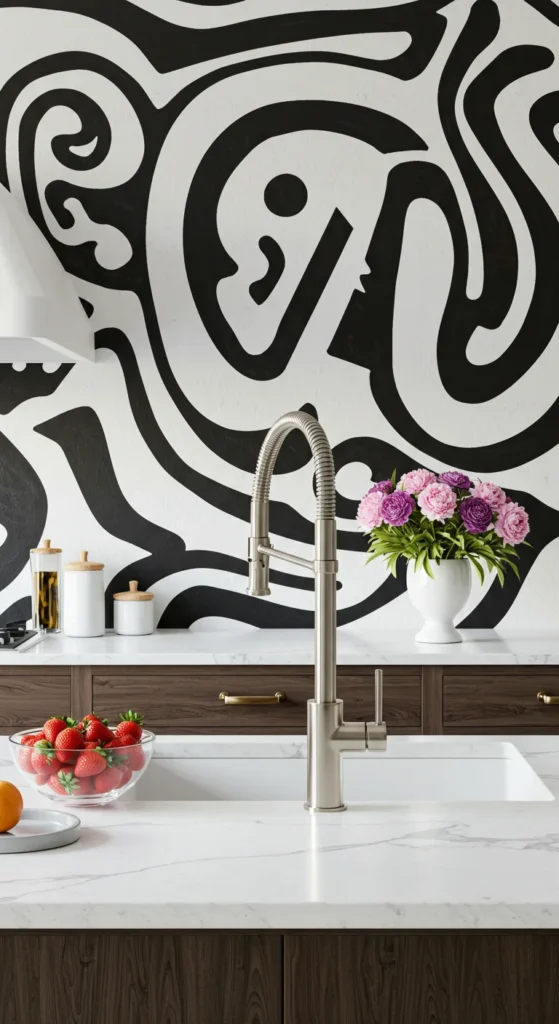 6 Stylish Black and White Kitchen Design Ideas Creative kitchen with mural backsplash and colorful accessories in a black and white palette