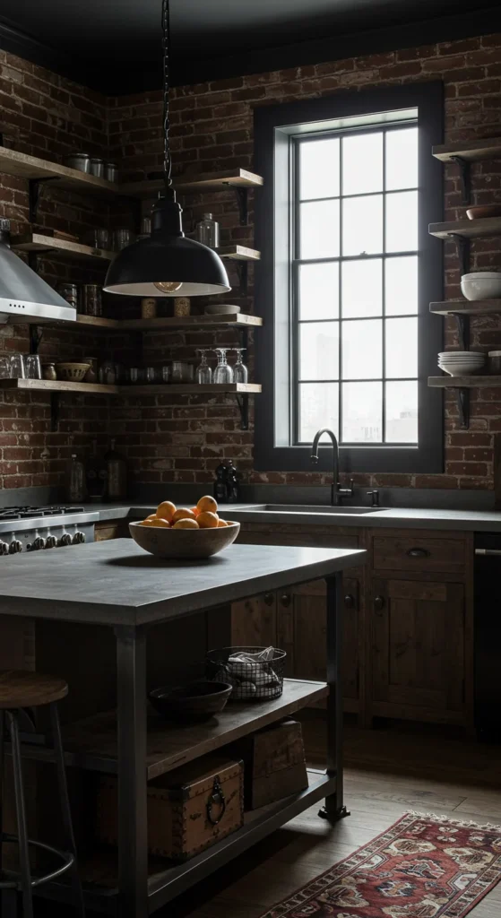 Dark industrial kitchen with brick walls and wood-metal finishes