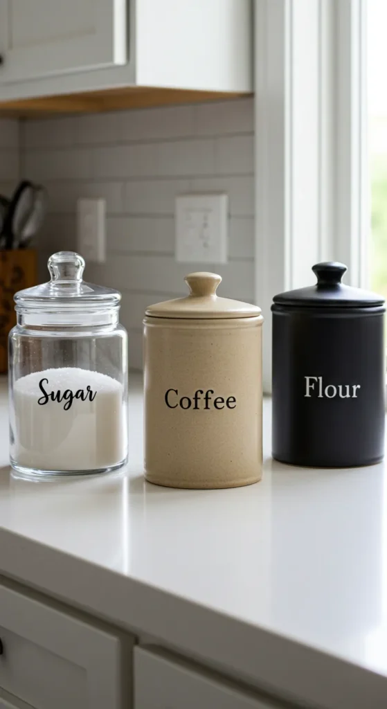 9 Kitchen Counter Decor Ideas That Blend Style & Function Decorative canisters labeled for sugar, coffee, flour