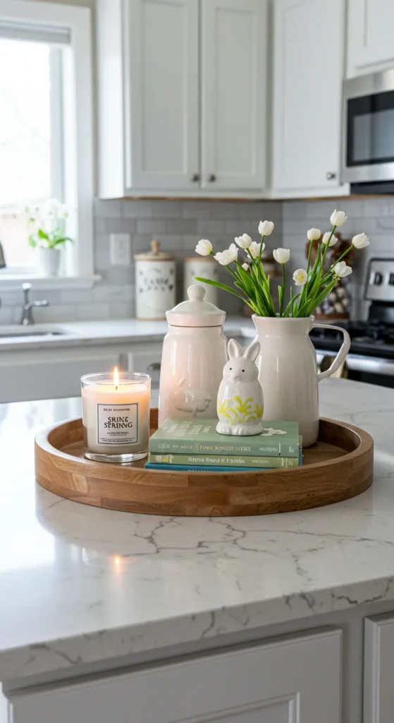 6 Spring Kitchen Island Decor Ideas to Refresh Your Space Decorative tray with spring-themed items on kitchen island