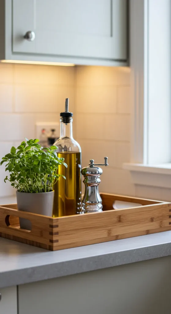 9 Kitchen Counter Decor Ideas That Blend Style & Function Decorative wooden tray with kitchen essentials