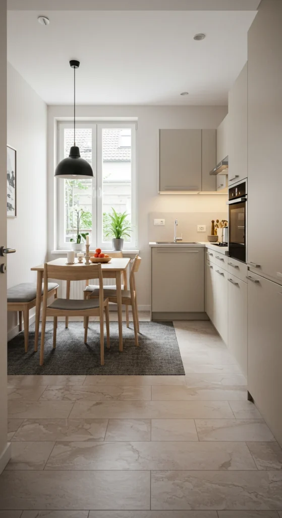 7 Small Kitchen Decor Ideas That Don’t Skip On Style Defined kitchen zones using rugs and smart furniture layout