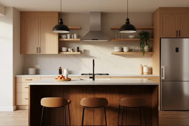 Dream kitchen featuring a stylish island and open shelves