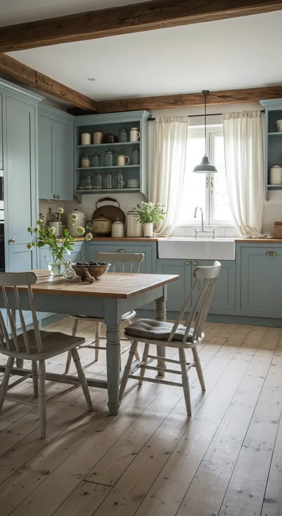 7 Blue Kitchen Ideas to Inspire a Cabinet Refresh Dusty blue farmhouse cabinets with wood beams and open shelves