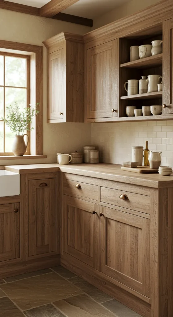 8 Amazingly Simple Earthy Kitchen Ideas Earthy kitchen with wood cabinets, stone counters, and ceramic dishes