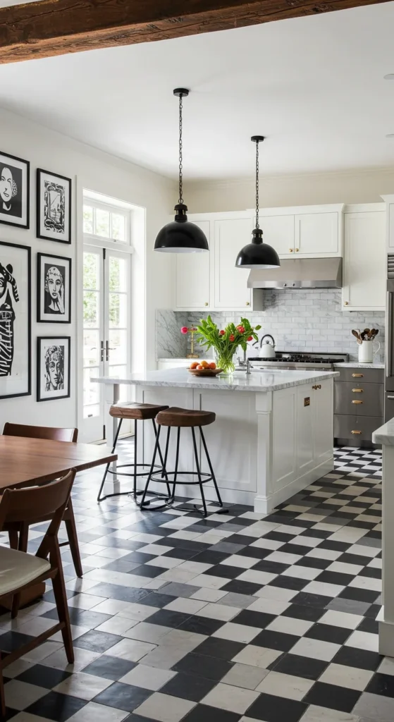 6 Stylish Black and White Kitchen Design Ideas Eclectic kitchen with black and white patterns, art, and bold lighting