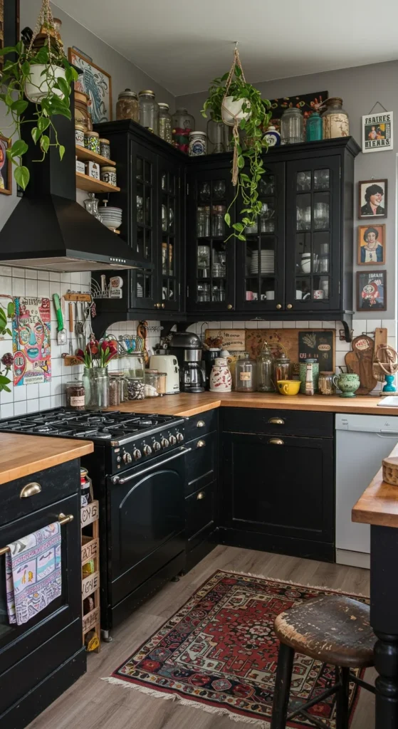 7 Bold Black Kitchen Cabinets to Elevate Your Space Eclectic kitchen with black cabinets and colorful, artistic decor