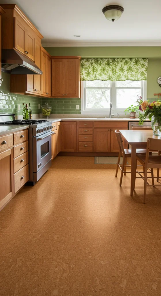 7 Classic Kitchen Flooring Ideas That Never Go Out of Style Eco-friendly kitchen with light brown cork flooring and wooden cabinets