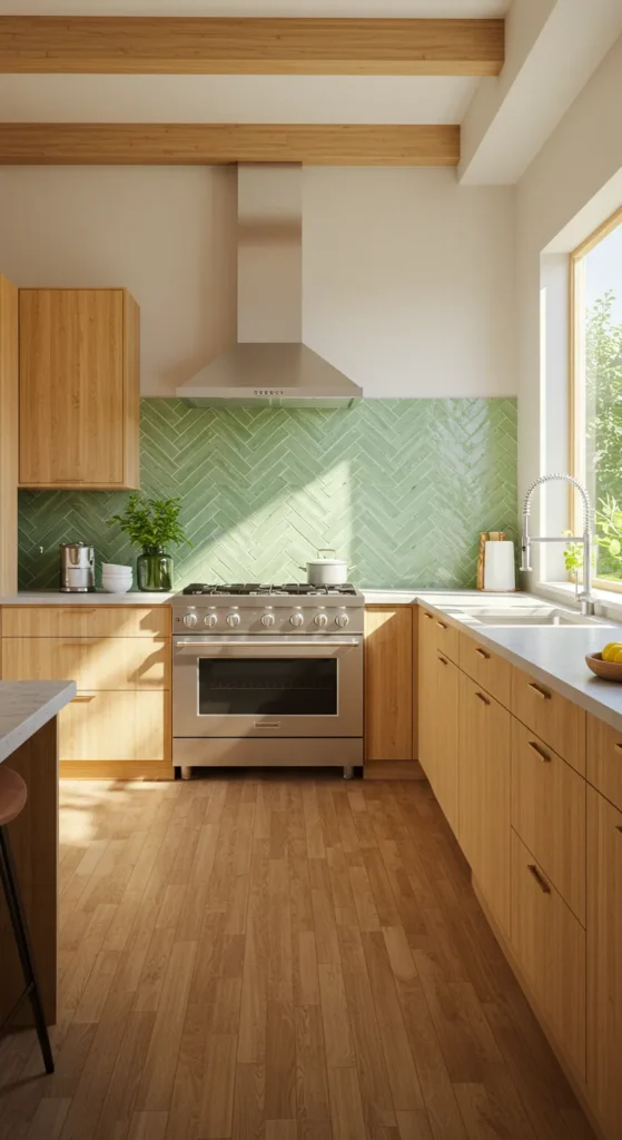 7 Trendy Kitchen Tile Ideas for a Stylish Update Eco-friendly kitchen with recycled glass tiles and bamboo cabinetry