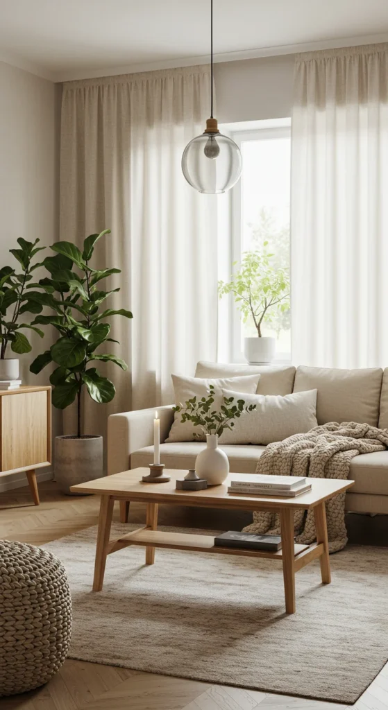 7 Cozy Living Room Curtain Ideas to Elevate Your Space Eco-friendly living room with beige linen curtains and wood decor