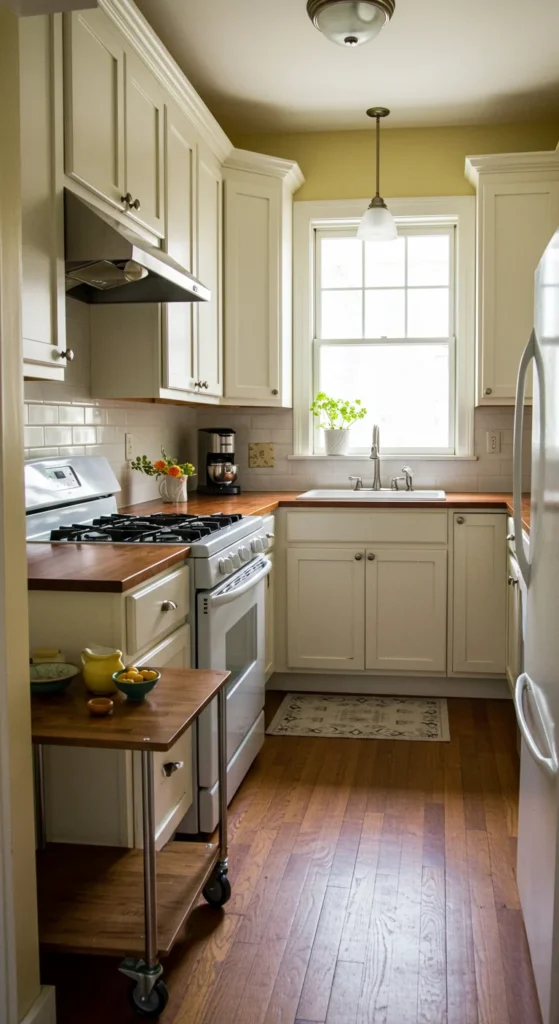 6 Tiny Kitchen Ideas Perfect for Small Minimalist Spaces Efficient galley kitchen layout with movable island for functionality
