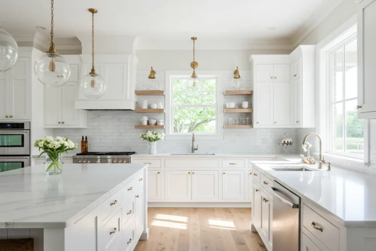 Elegant all-white kitchen with Shaker cabinets and marble counters