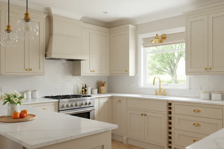 Elegant beige kitchen combining modern and classic styles